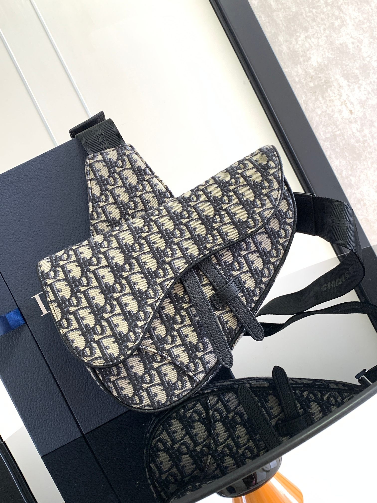 D*or saddle bag beige and black D*or oblique jacquard 26 x 19 x 4.5 cm