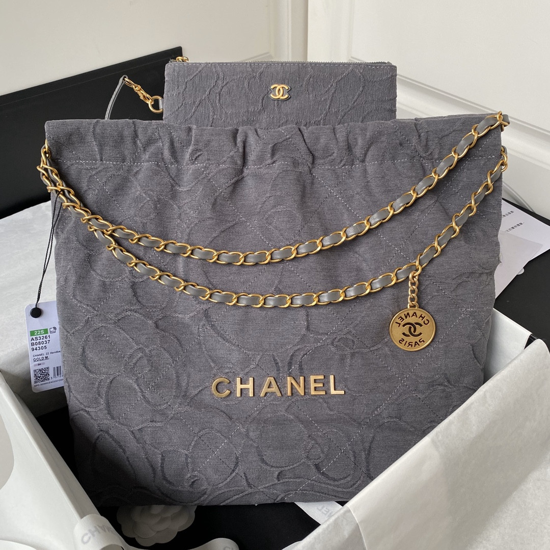Ch*el 22 handbag velvet grey 15.2×16.4×3.1 in
