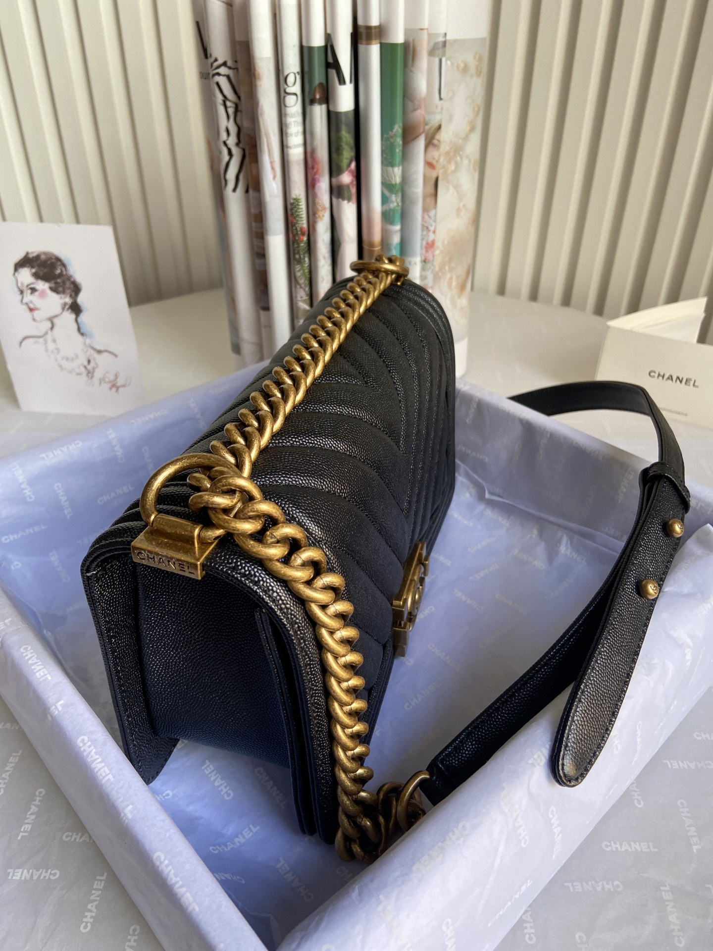 boy Ch*el handbag shiny grained calfskin black 5.9 × 9.8 × 3.5 in