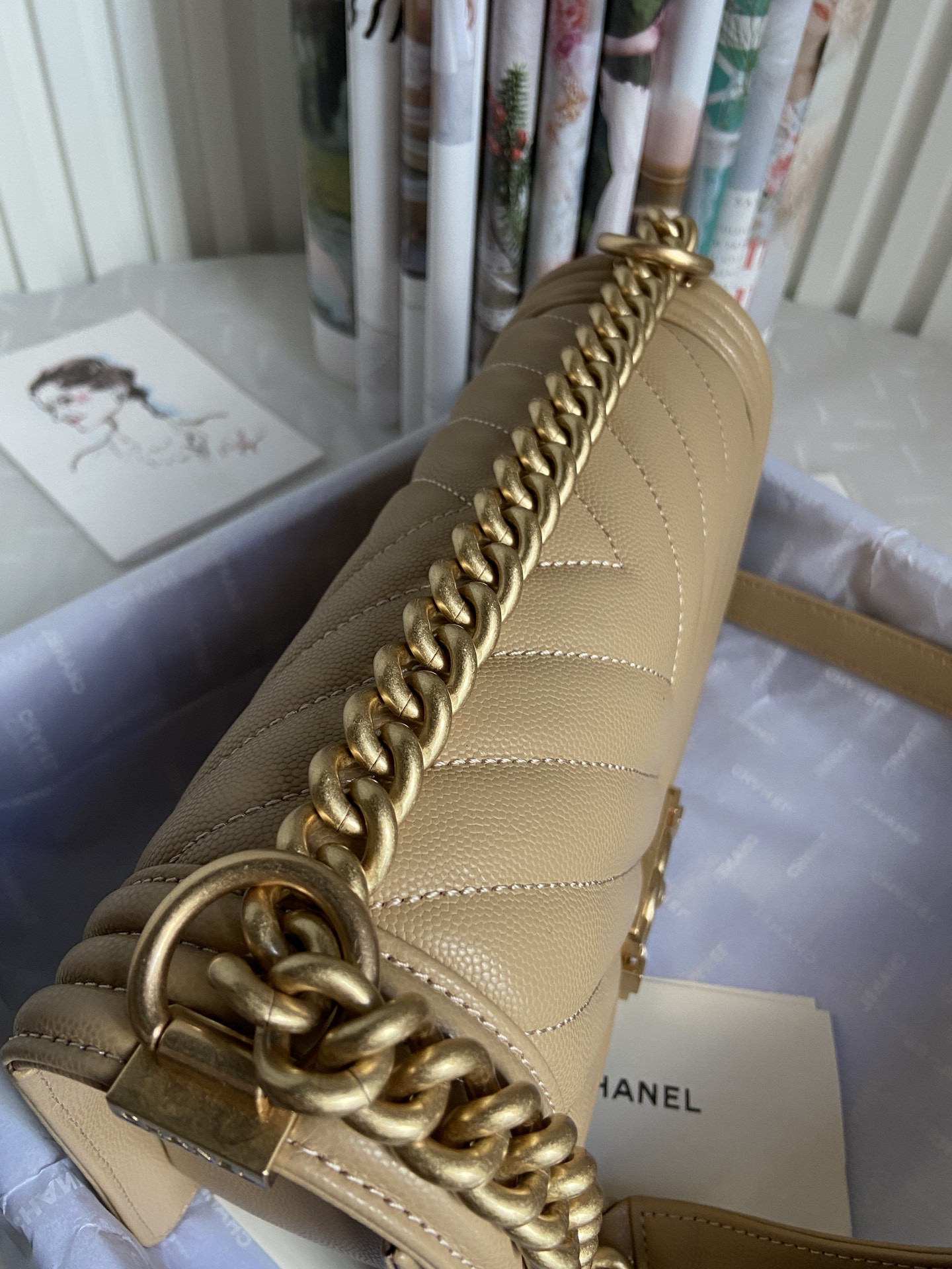 boy Ch*el handbag shiny grained calfskin brown 5.9 × 9.8 × 3.5 in