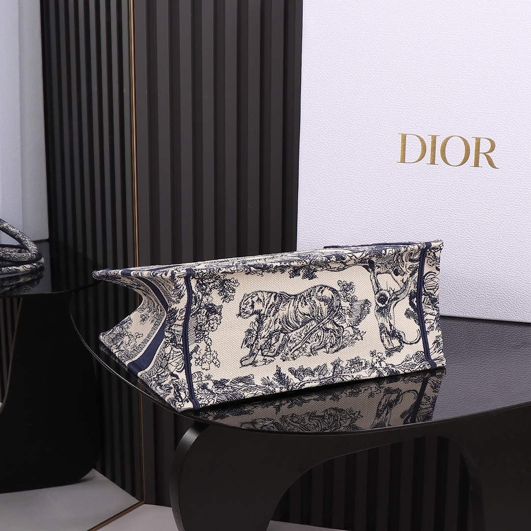 medium D*or book tote  ecru and blue toile de jouy embroidery 14 x 11 x 6.5 inches