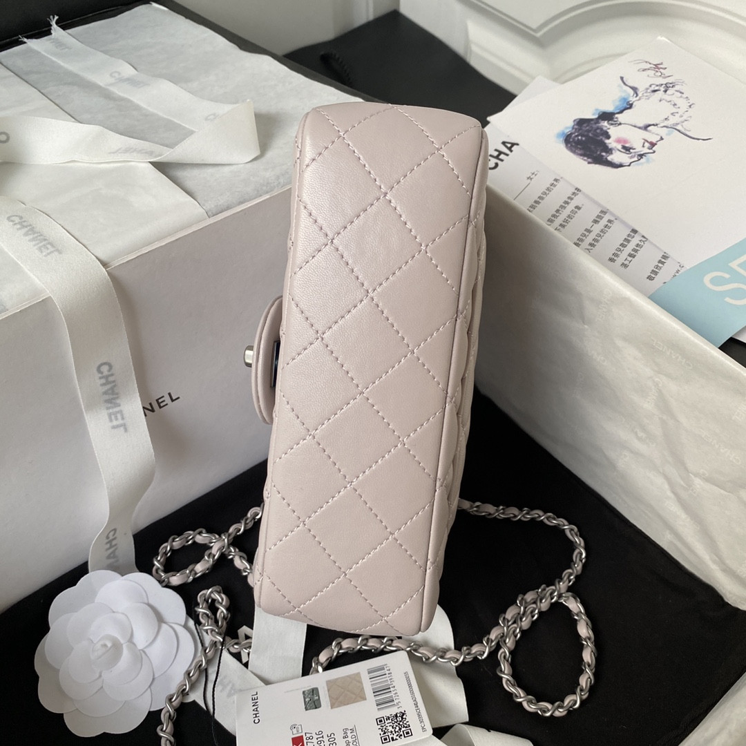 Ch*el mini flap bag shiny calfskin & silver-tone metal light pink 4.7 × 7.8 × 2.3 in