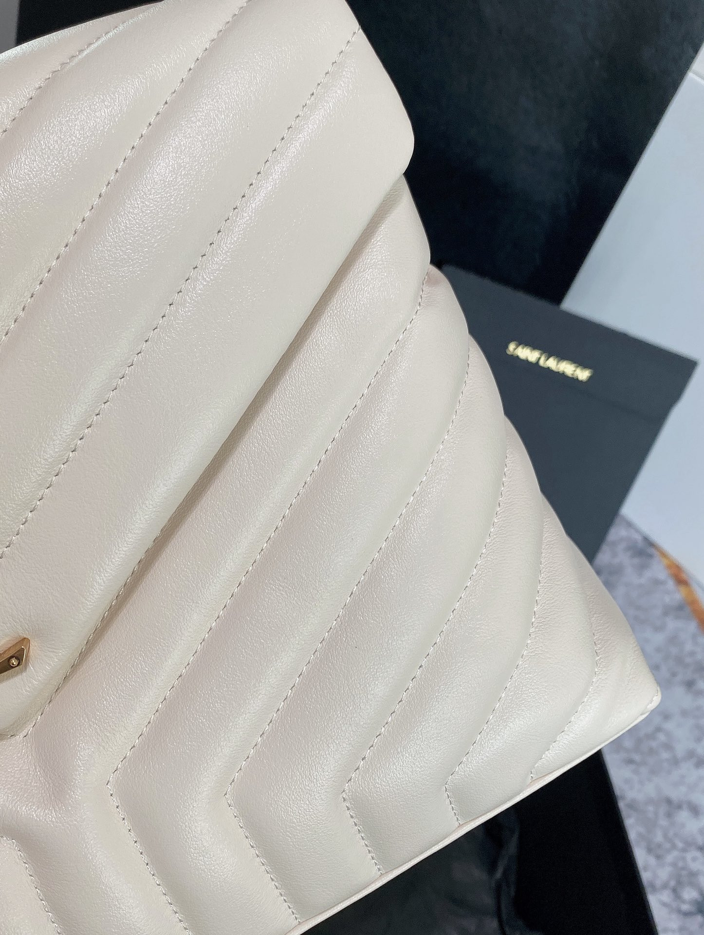 Y*L loulou medium in quilted leather blanc vintage 12.5 x 8.6 x 3.5 inches