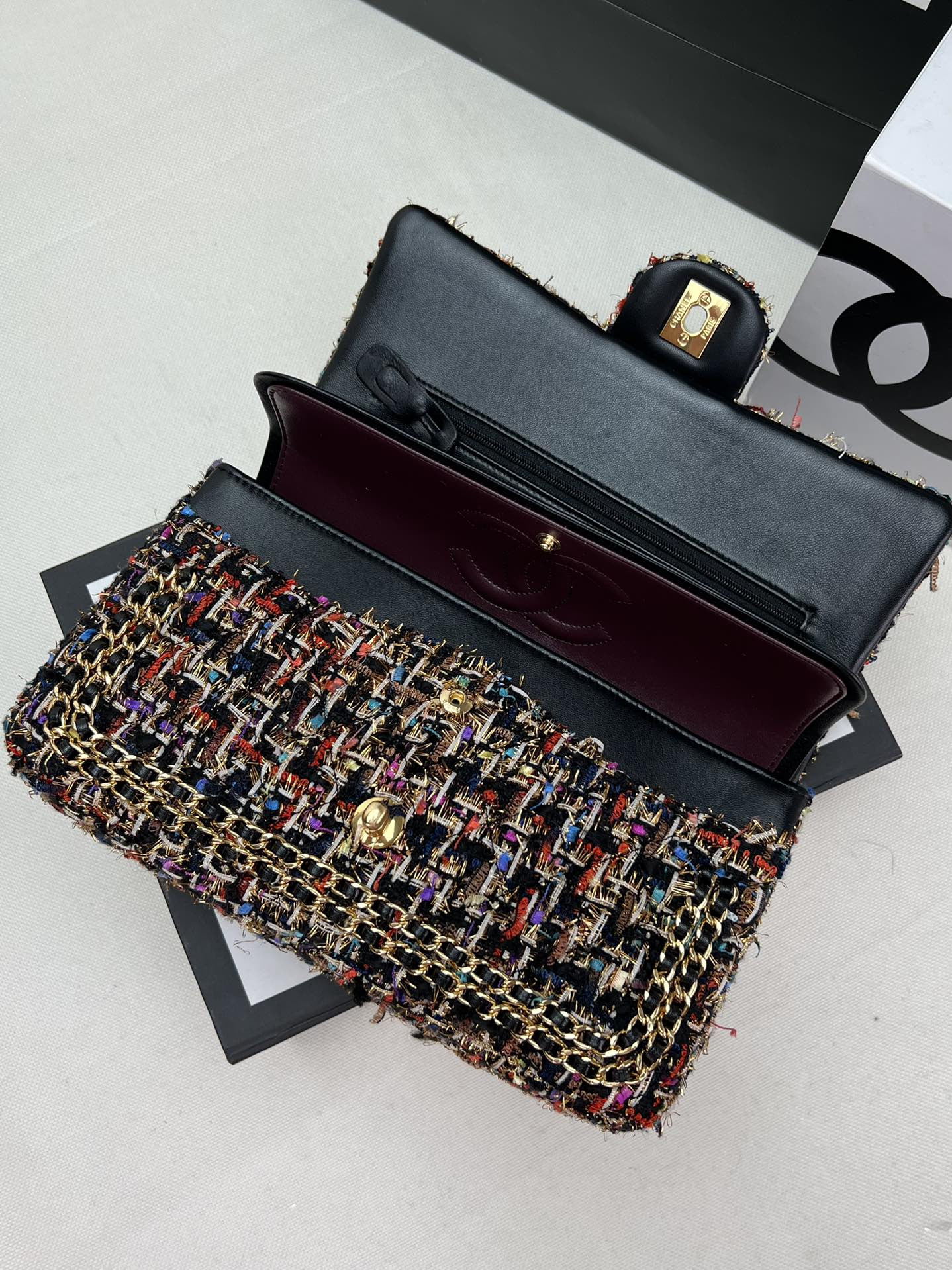 Ch*el classic 11.12 handbag tweed & gold-tone metal   6 × 9.9 × 2.5 in