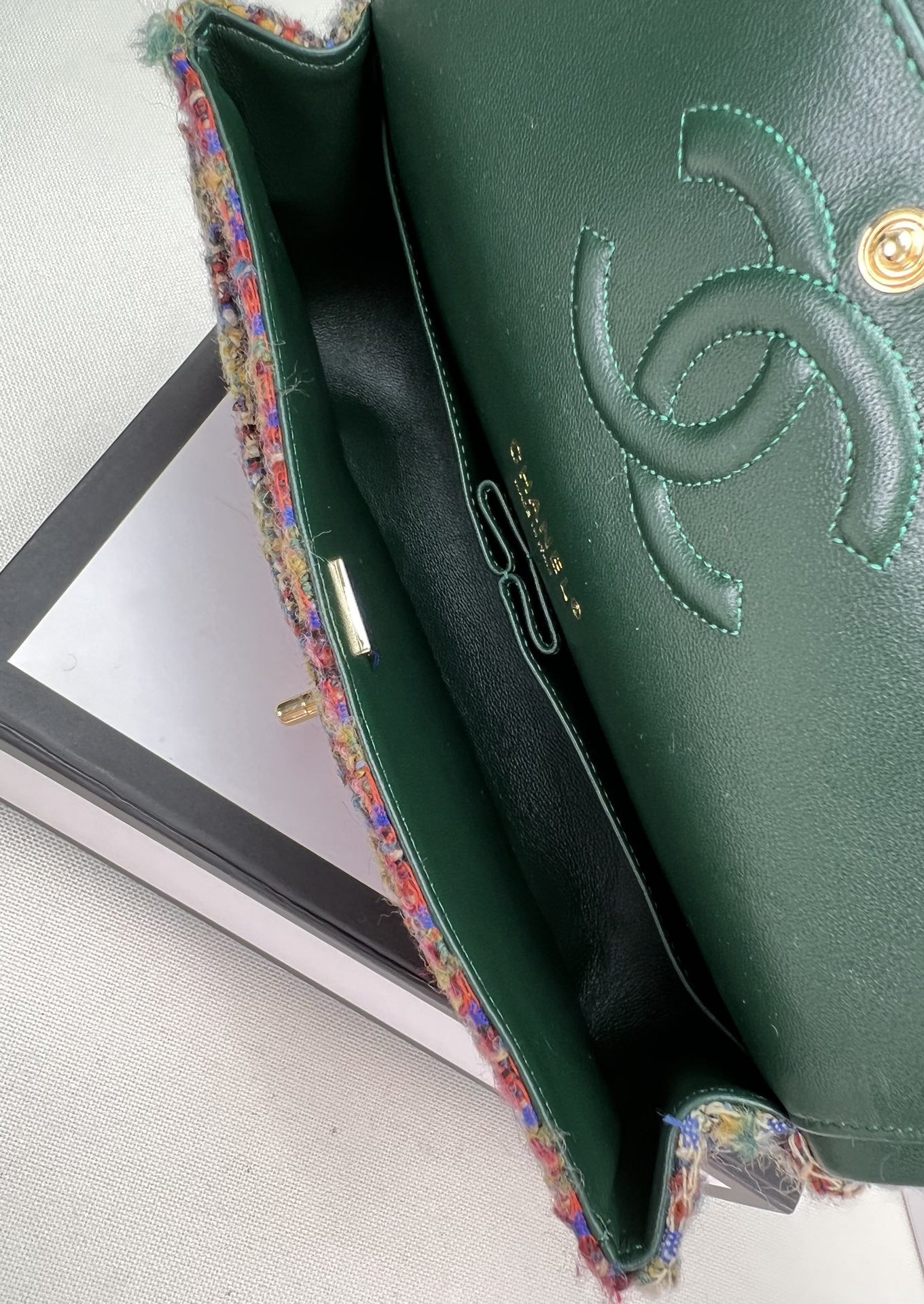 Ch*el classic 11.12 handbag tweed & gold-tone metal 6 × 9.9 × 2.5 in