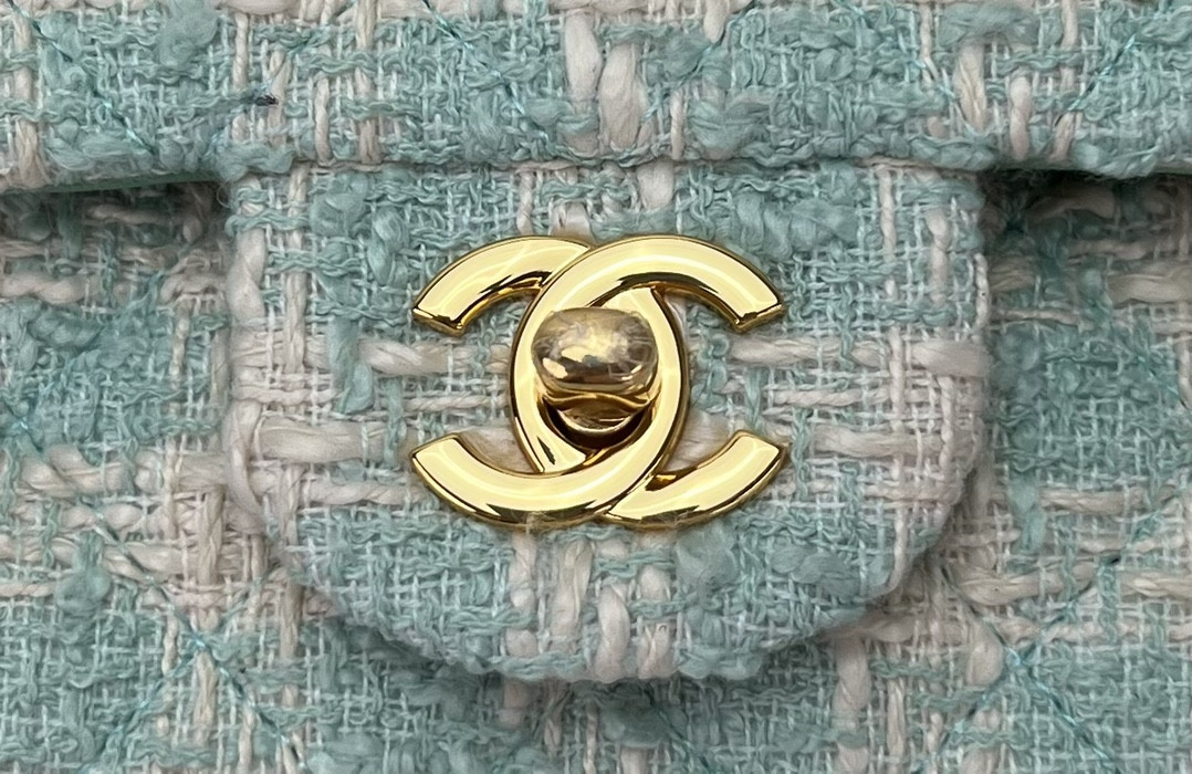 Ch*el classic 11.12 handbag tweed & gold-tone metal   6 × 9.9 × 2.5 in