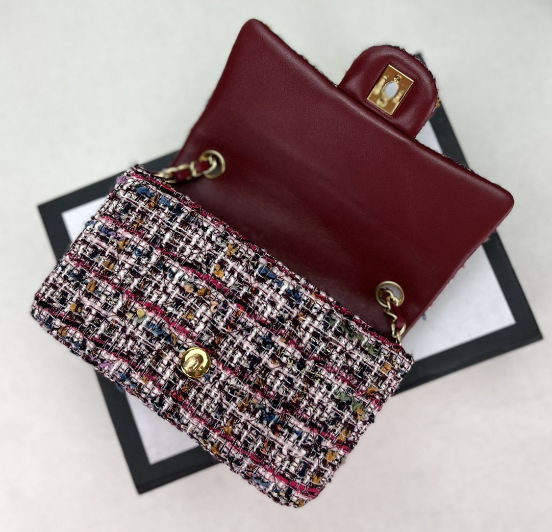 Ch*el mini classic 11.12 handbag tweed & gold-tone metal 4.7 × 7.8 × 2.3 in