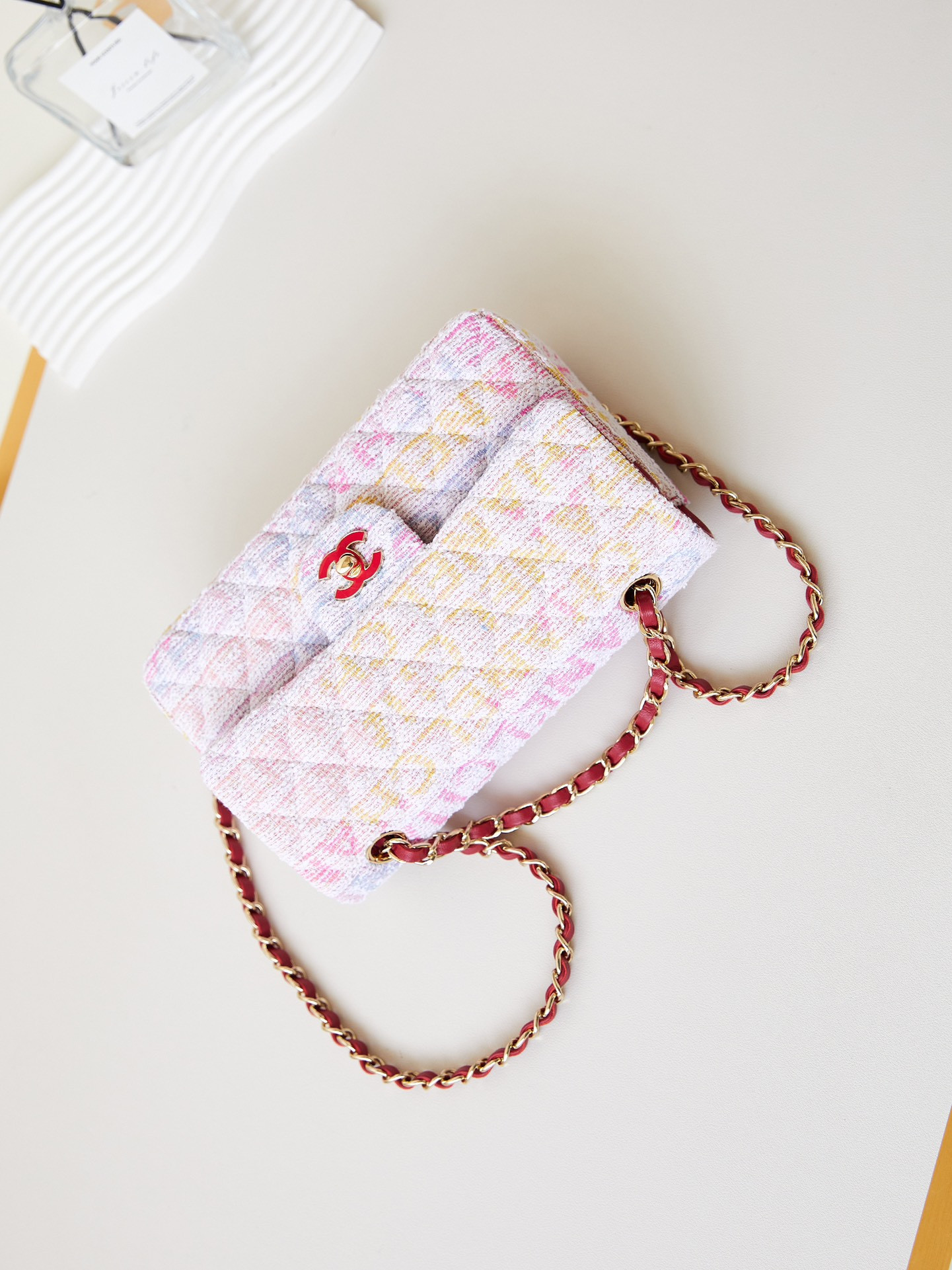 Ch*el quilted pink multicolor tweed rectangular flap bag 14.5 × 23 × 6 cm