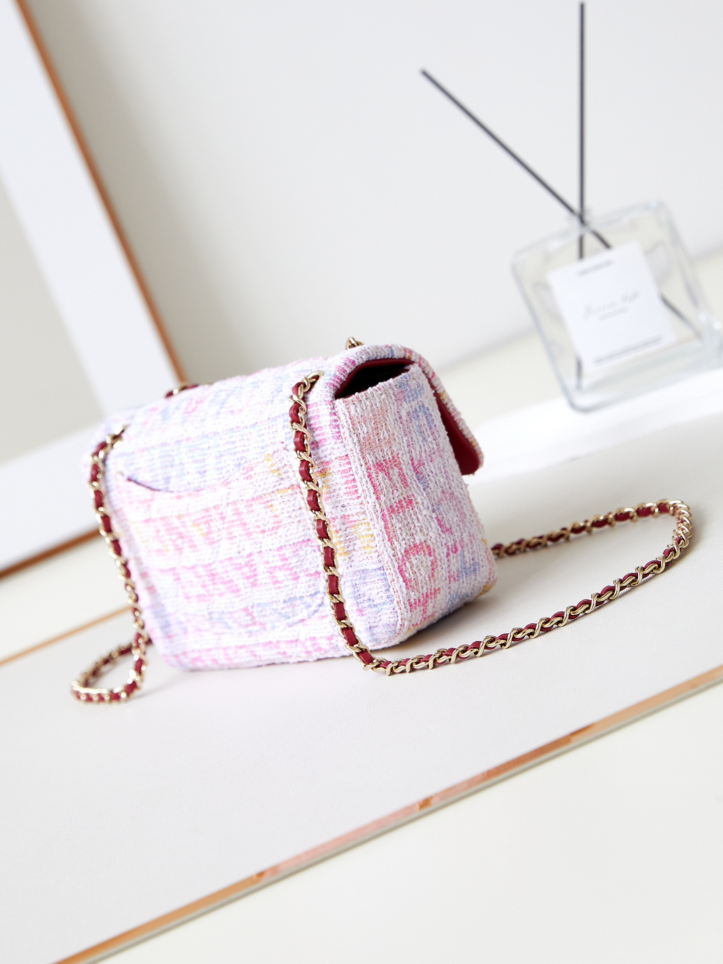 Ch*el quilted pink multicolor tweed mini rectangular flap bag 20×10×7cm