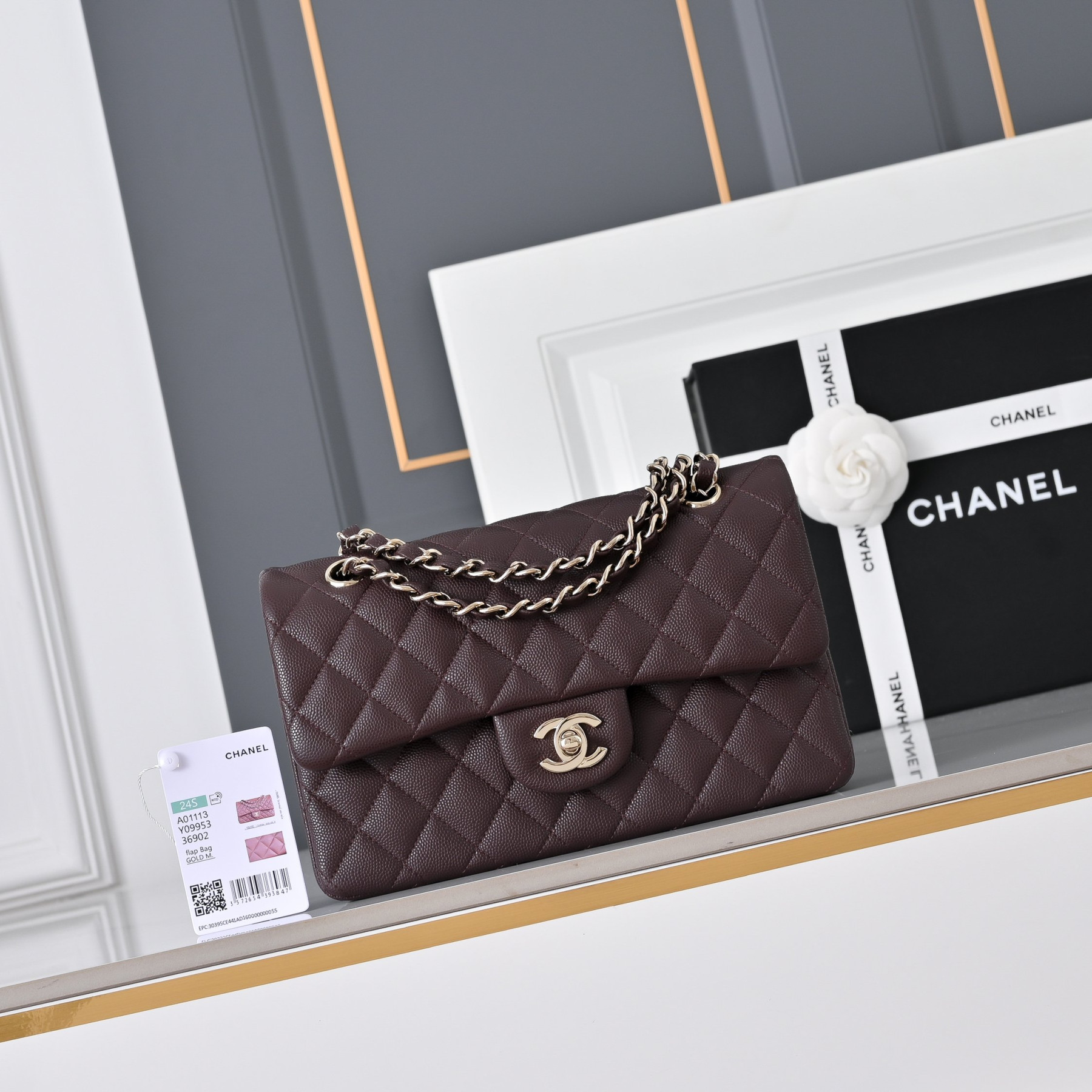 Ch**el classic flap bag coffee brown light gold hardware a01113 23x14.5x6cm